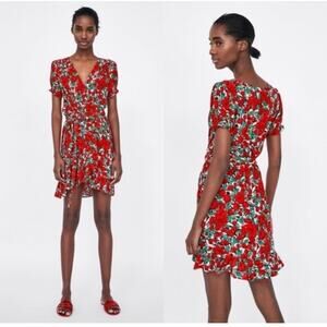 Zara Floral Vibrant Roses Whimsical Wrap Knee Length Dress Size Large.